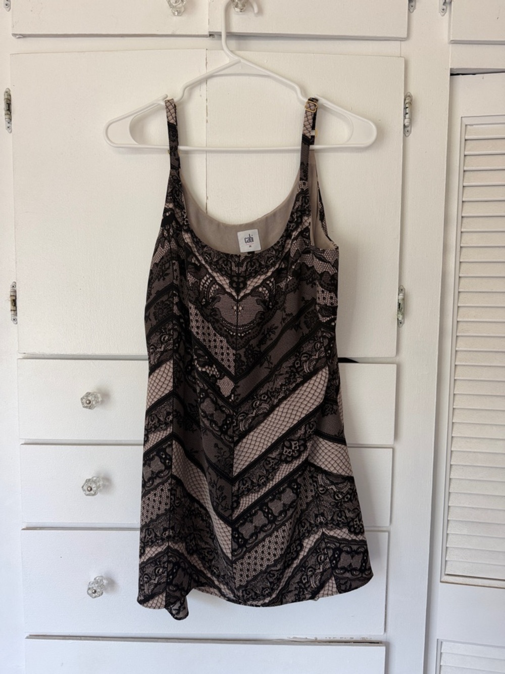 CAbi Beige and Black Lace-Pattern Tank Top